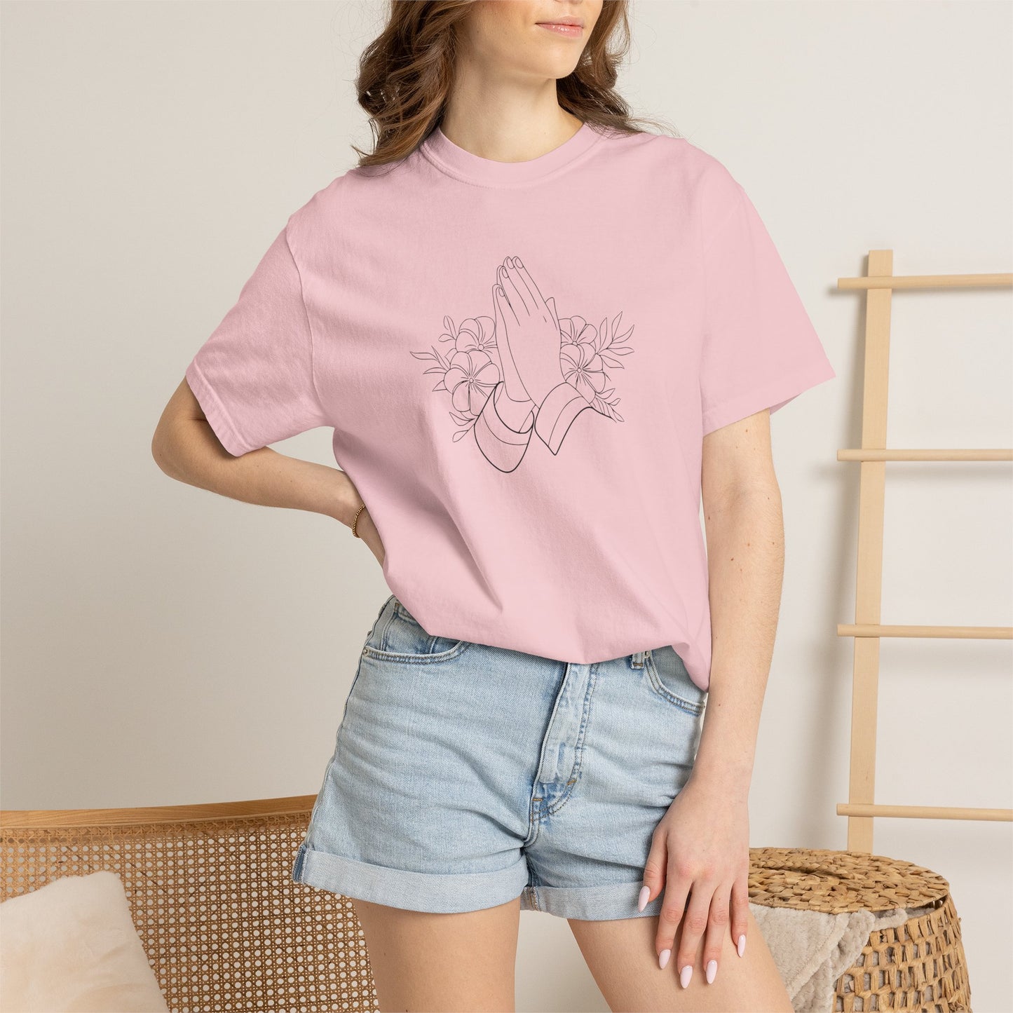 Women’s Inspirational Prayer T-Shirt — Floral Praying Hands Design —