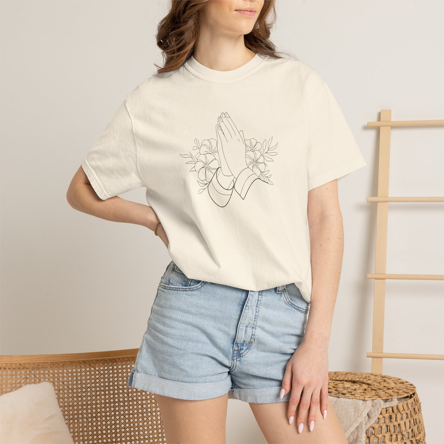 Women’s Inspirational Prayer T-Shirt — Floral Praying Hands Design —