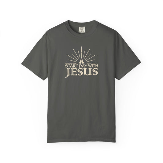 Start Day with Jesus Shirt | Christian Comfort Colors 1717 T-Shirt | Faith Graphic Tee | Inspirational Christian Gift