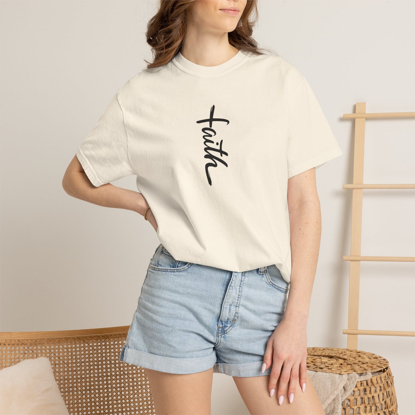 Faith Cross Script Christian T-Shirt | Comfort Colors 1717 Garment-Dyed Tee | Inspirational Religious Graphic Shirt