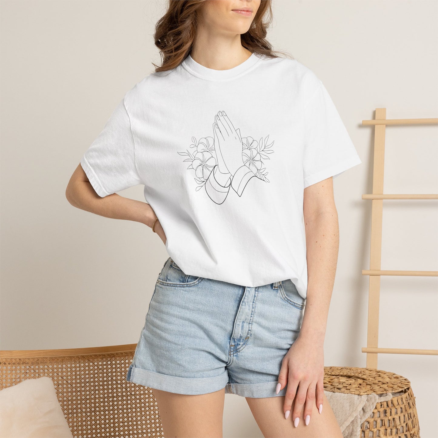 Women’s Inspirational Prayer T-Shirt — Floral Praying Hands Design —