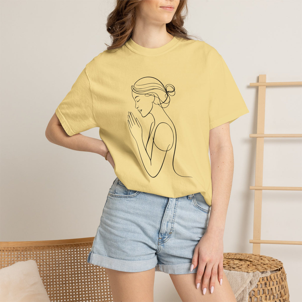 Minimalist Women Prayer Line Art T-Shirt – Woman Praying Christian Tee - Comfort Colors 1717
