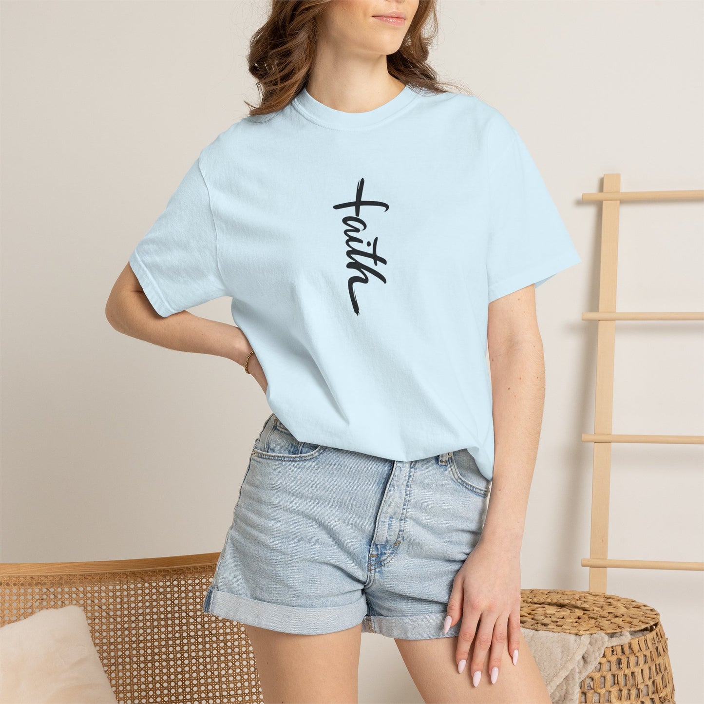Faith Cross Script Christian T-Shirt | Comfort Colors 1717 Garment-Dyed Tee | Inspirational Religious Graphic Shirt