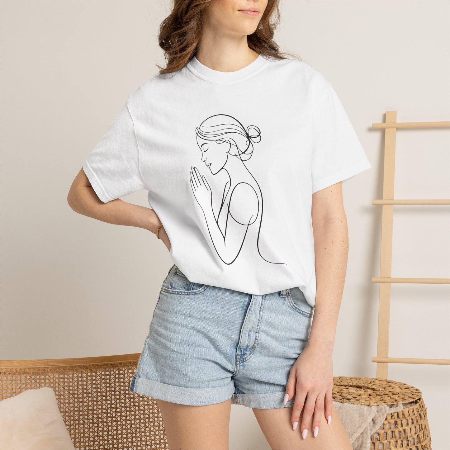 Minimalist Women Prayer Line Art T-Shirt – Woman Praying Christian Tee - Comfort Colors 1717