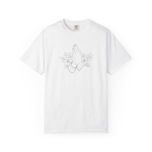 Women’s Inspirational Prayer T-Shirt — Floral Praying Hands Design —